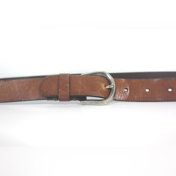 Cognac Brown Rustic Leather Belt with Silver Buckle and Topstitching Distressed - Picture 2 of 8